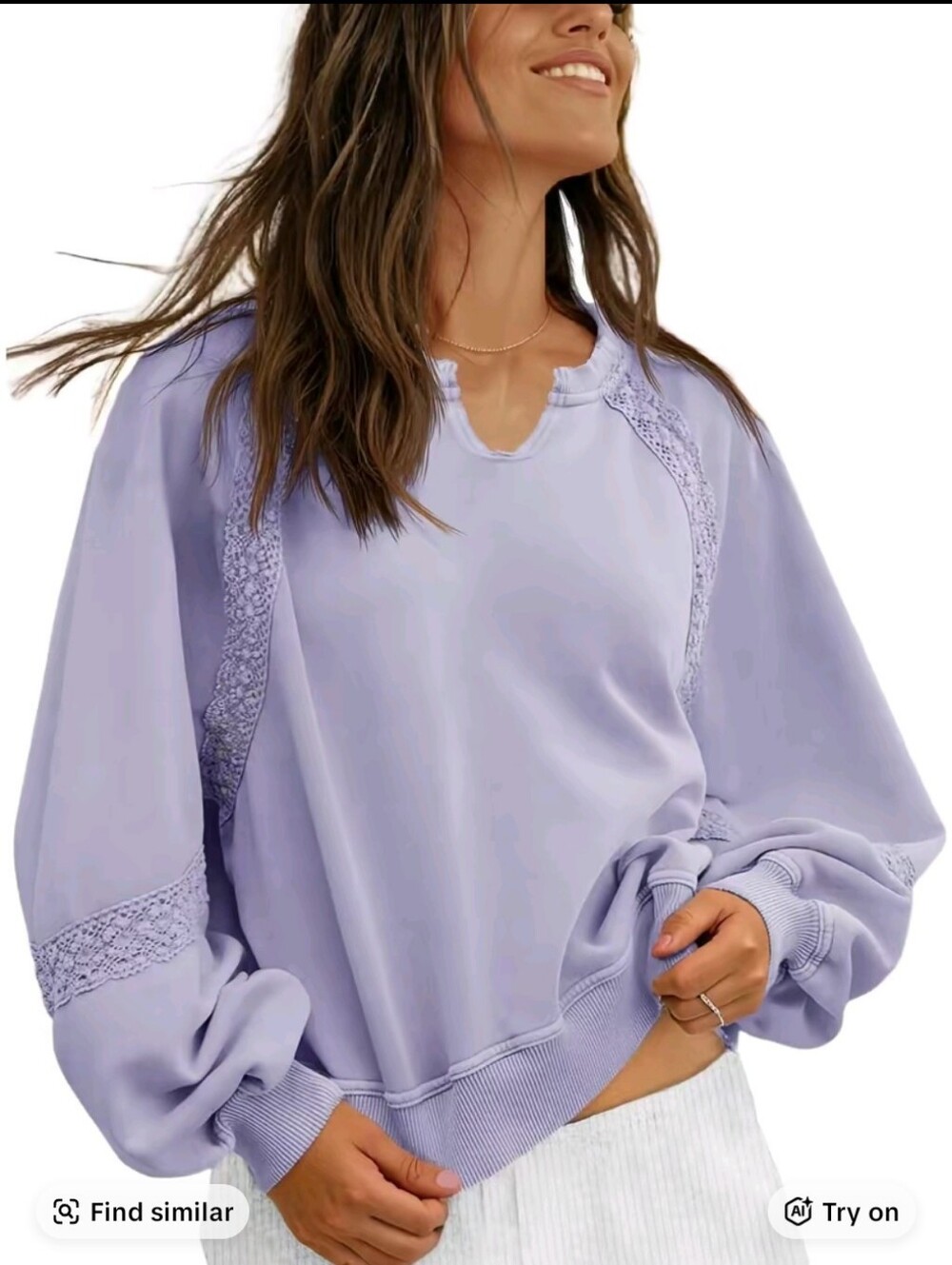 Fisoew Oversized Ribbed V-neck Pull Over Lace Sweatshirt Lavender NWT Medium